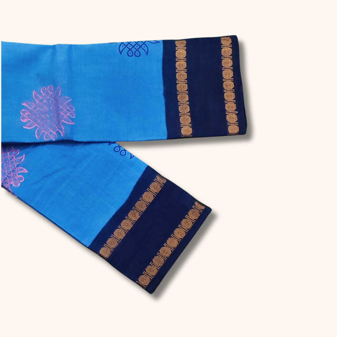 Royal Blue Cotton Saree with Navy Blue Border – Running Blouse