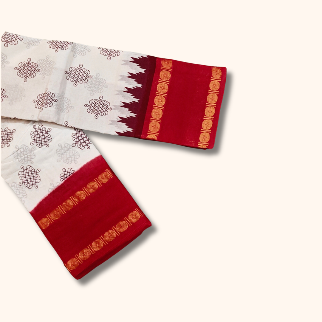 White Cotton Saree with Bright Red Border – Running Blouse