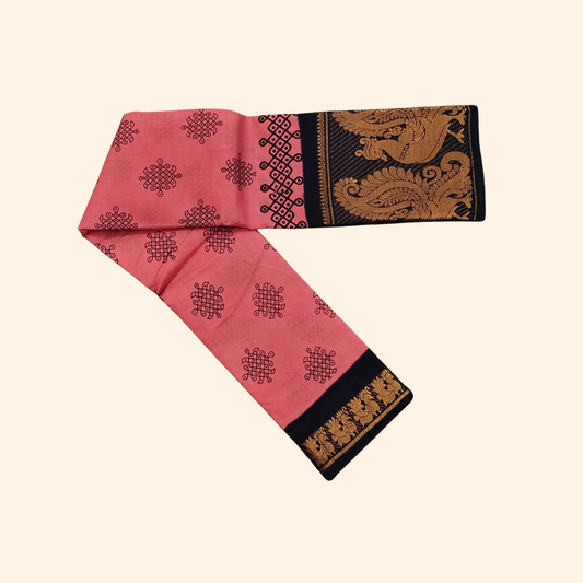 Rose Pink Kolam Cotton Saree with Dark Blue Peacock Border