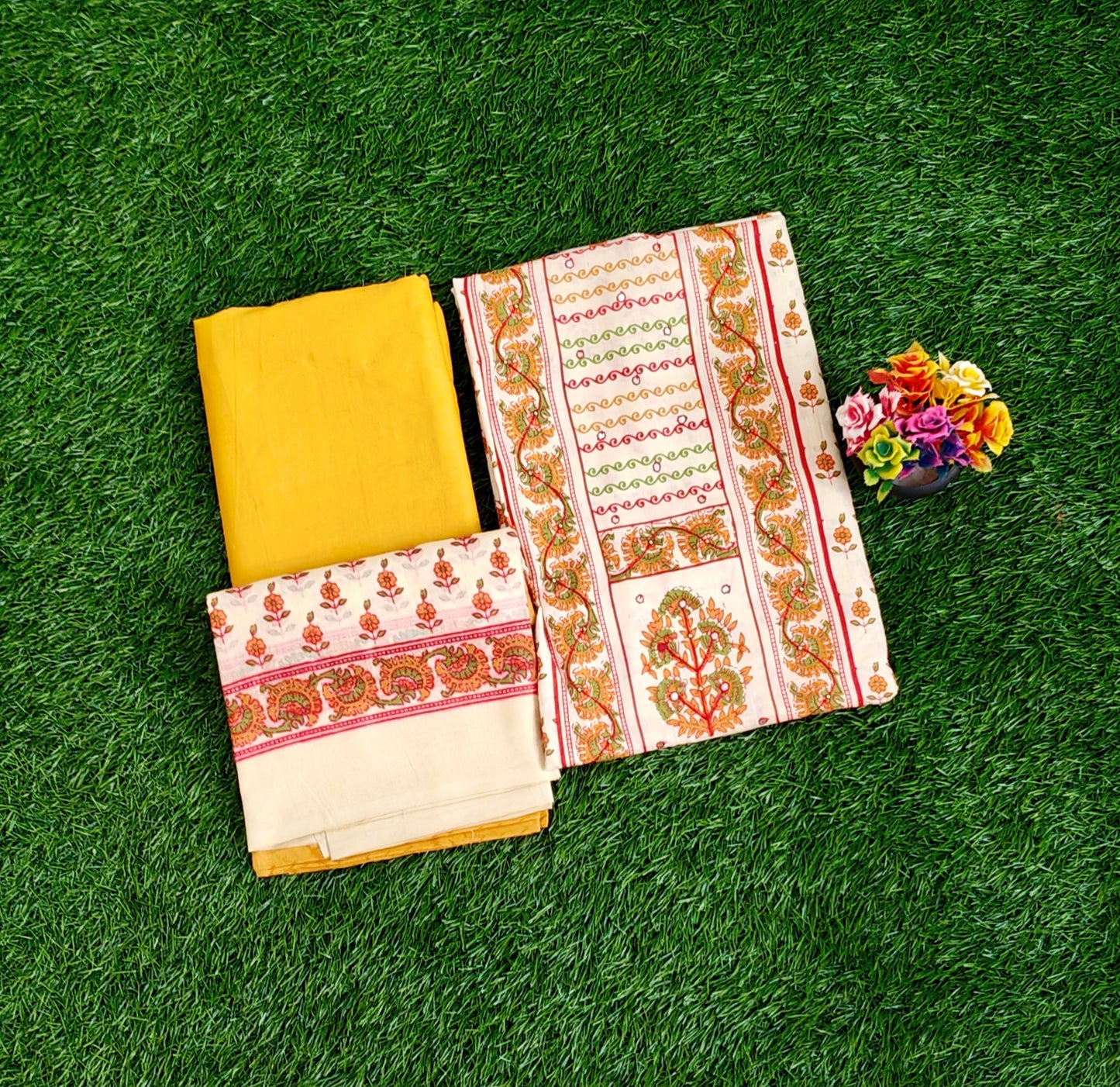 Beautiful Sungudi Cotton Chudidar Material Set with Kalamkari Prints