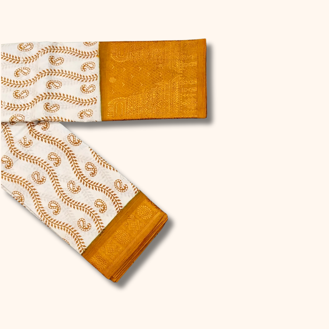 Off White Sungudi Cotton Saree with Mustard Yellow Temple Border