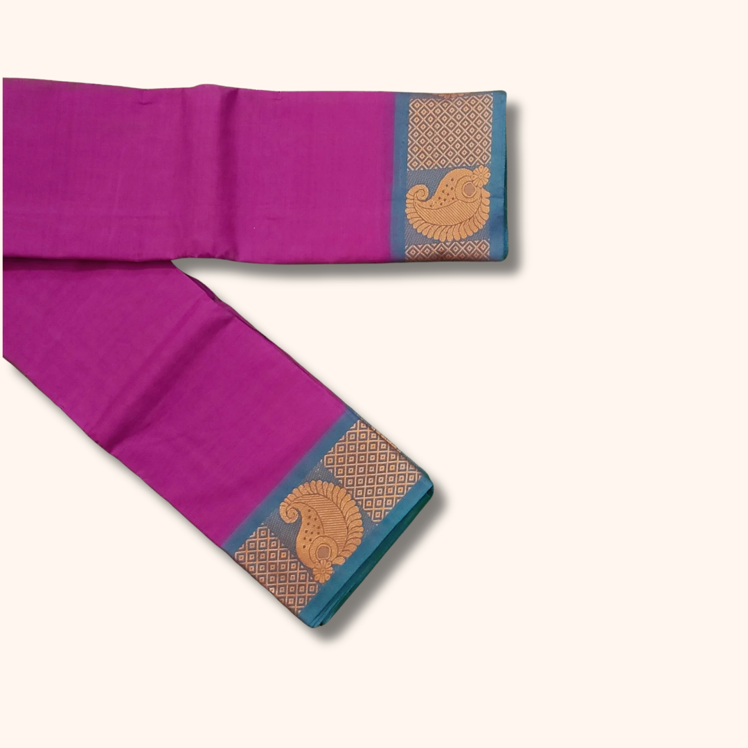 Magenta Chettinad Cotton Saree with Traditional Peacock Border