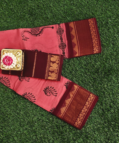 Maroon & Rose Pink Sungudi Cotton Saree with Traditional Printed Body and Contrast Border
