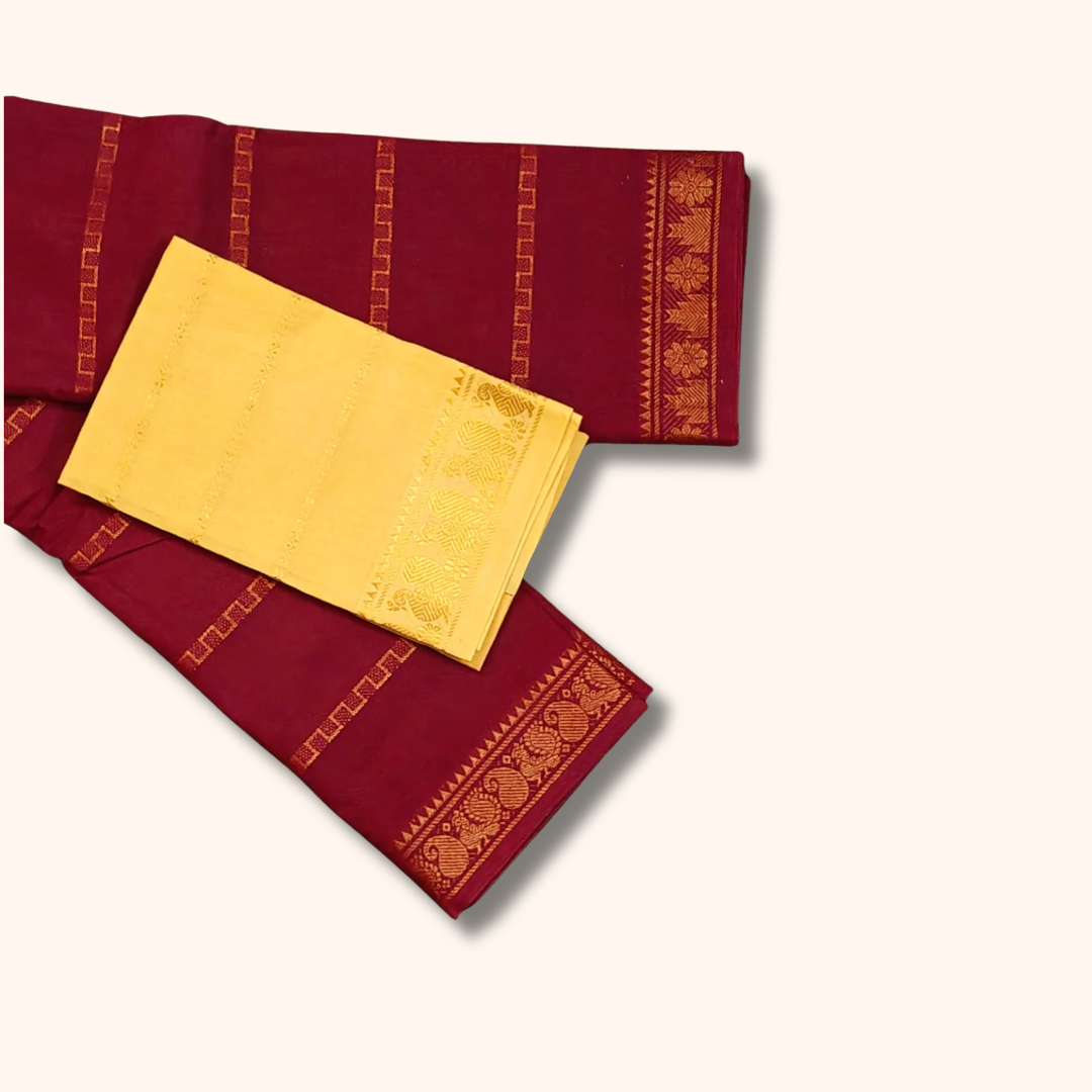 Maroon Cotton Saree with Cream Contrast Blouse & Elephant Zari Border
