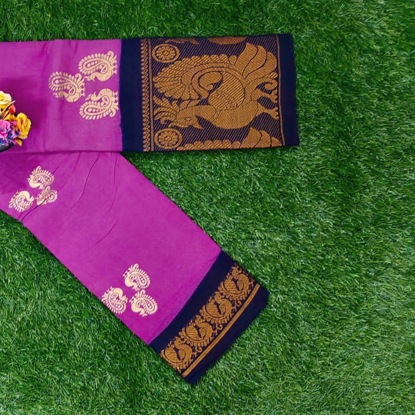 Authentic Magenta Cotton Saree with Rich Peacock Woven Border