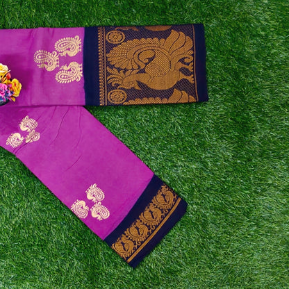 Authentic Magenta Cotton Saree with Rich Peacock Woven Border