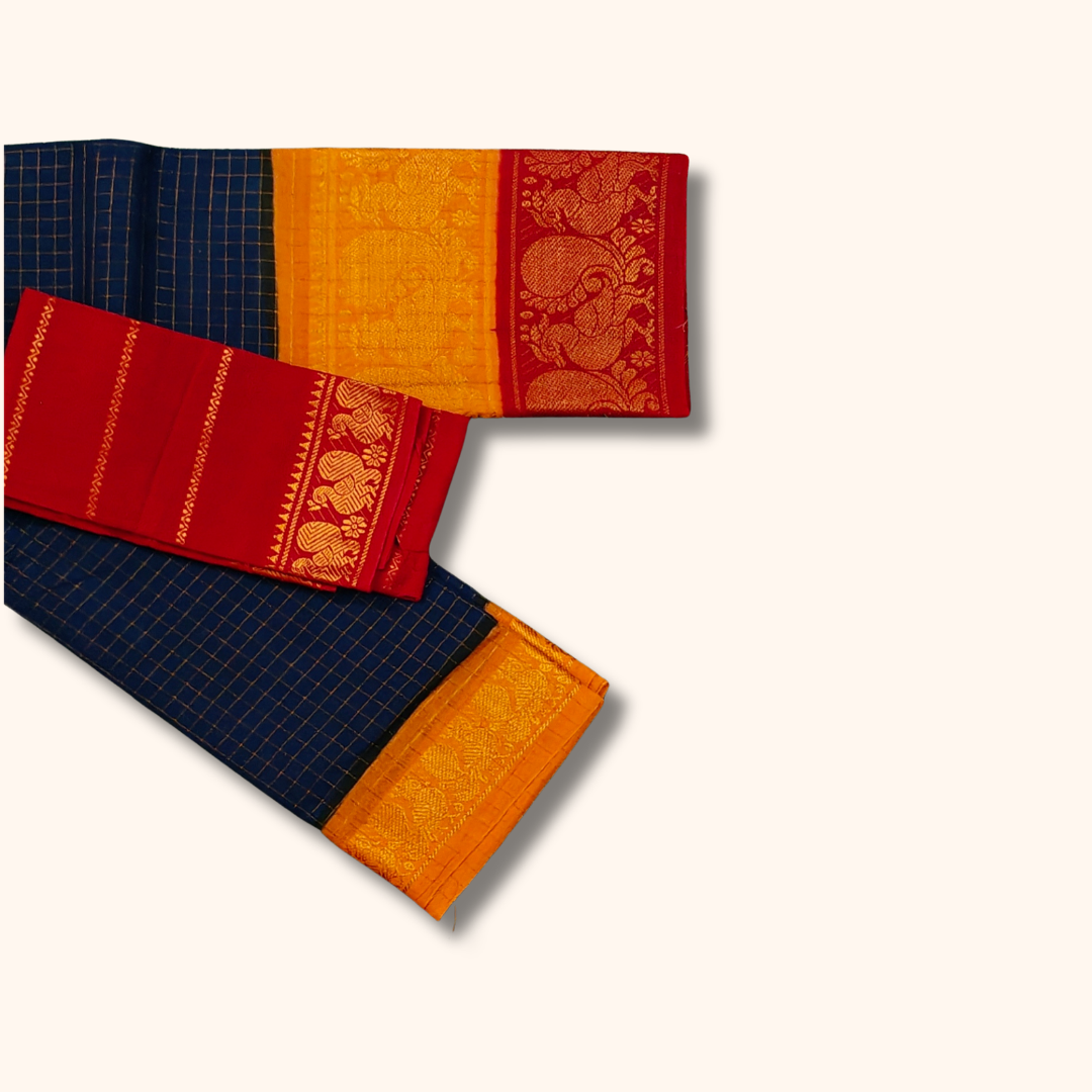 Navy Blue Chettinad Cotton Saree with Mustard & Red Temple Border