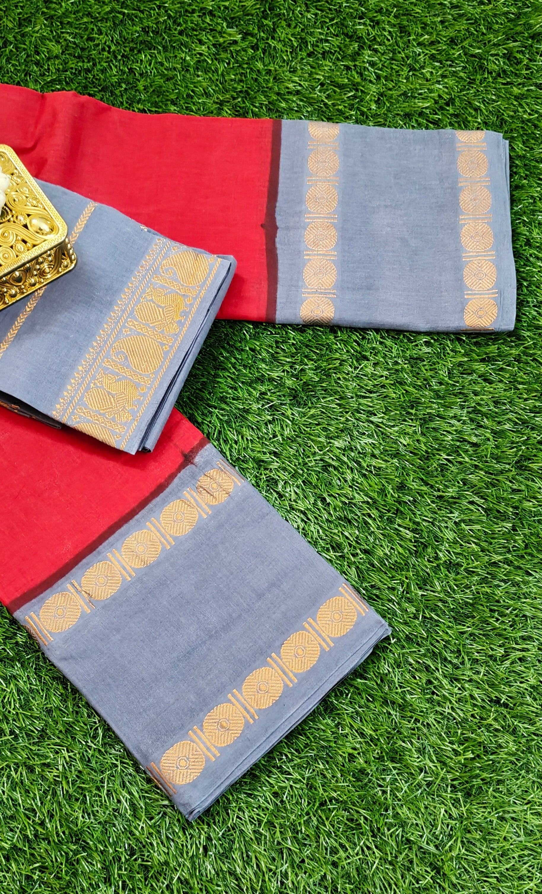 Authentic Pure Cotton Sungudi Saree Grey with Maroon Border