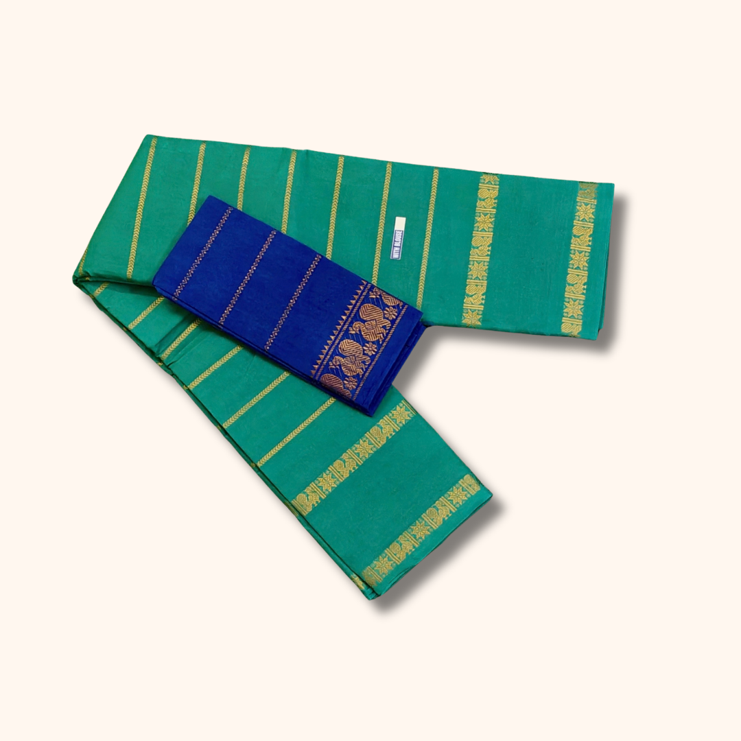 Teal Green Cotton Saree with Gold Zari Stripes & Traditional Border – Blue Blouse Piece