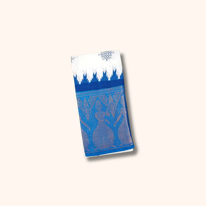 White Kolam Print Cotton Saree with Royal Blue Dancing Girl Border