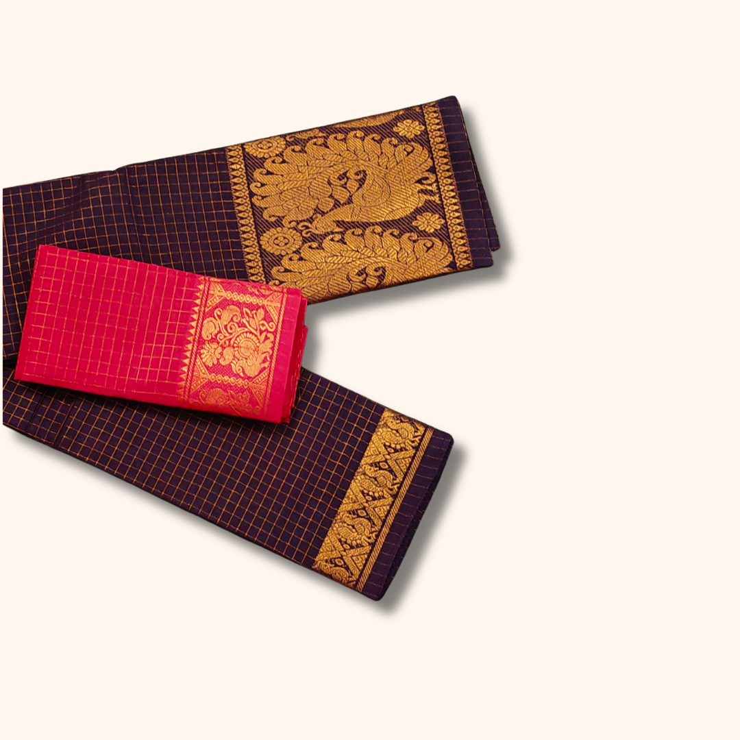 Coffee Brown Sungudi Cotton Saree with Gold Checks and Peacock Zari Border – Separate Blouse Piece Included