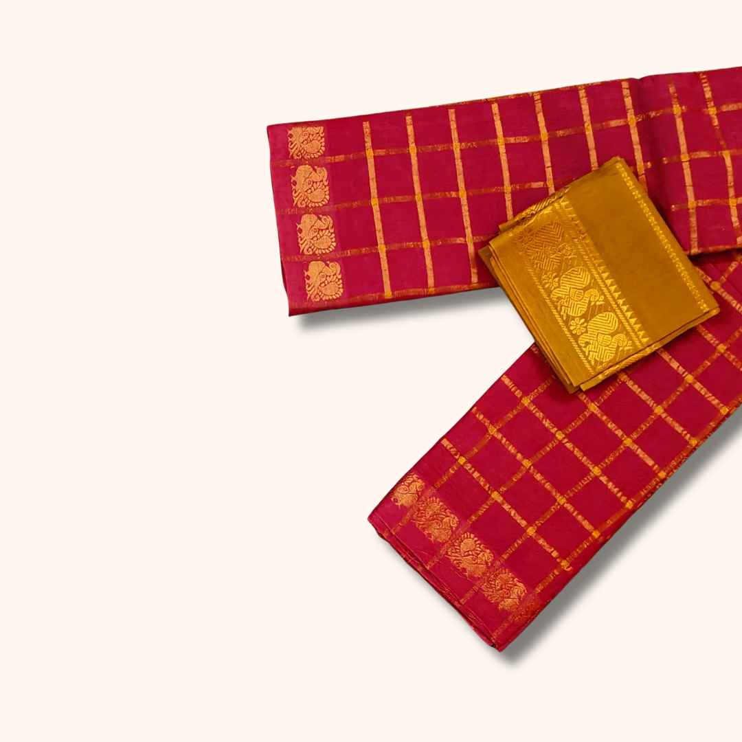 Rani Pink Chettinad Cotton Saree with Mustard Contrast Blouse