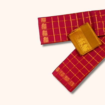 Rani Pink Chettinad Cotton Saree with Mustard Contrast Blouse