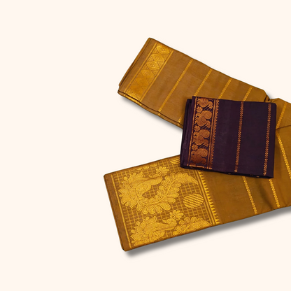 Coffee Brown Cotton Saree with Dark Purple Contrast Blouse & Elephant Zari Border