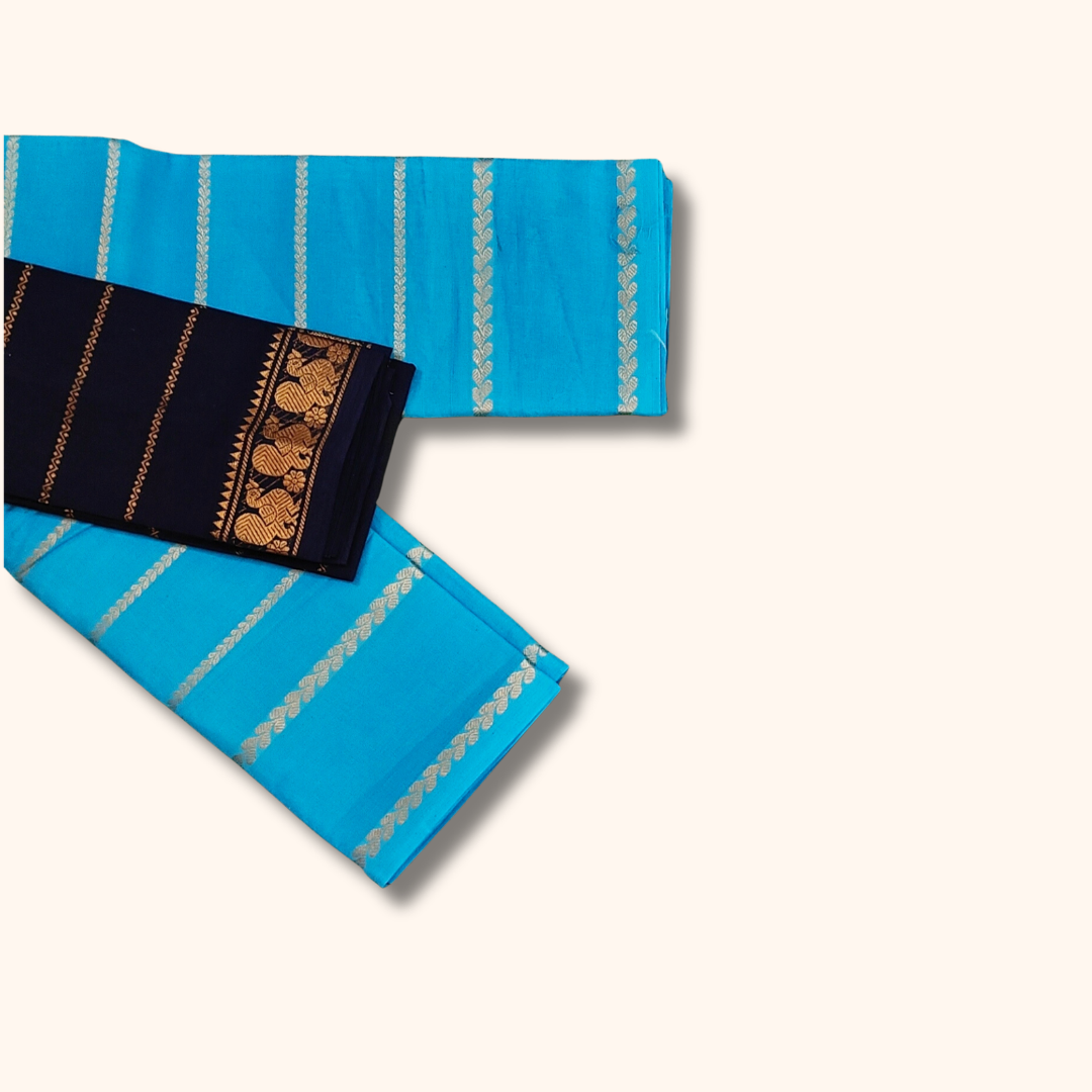 Sky Blue Sungudi Cotton Saree with Navy Blue Contrast Blouse