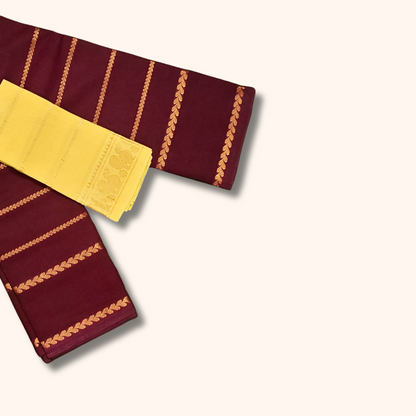 Maroon Cotton Saree with Contrast Lemon Yellow Blouse