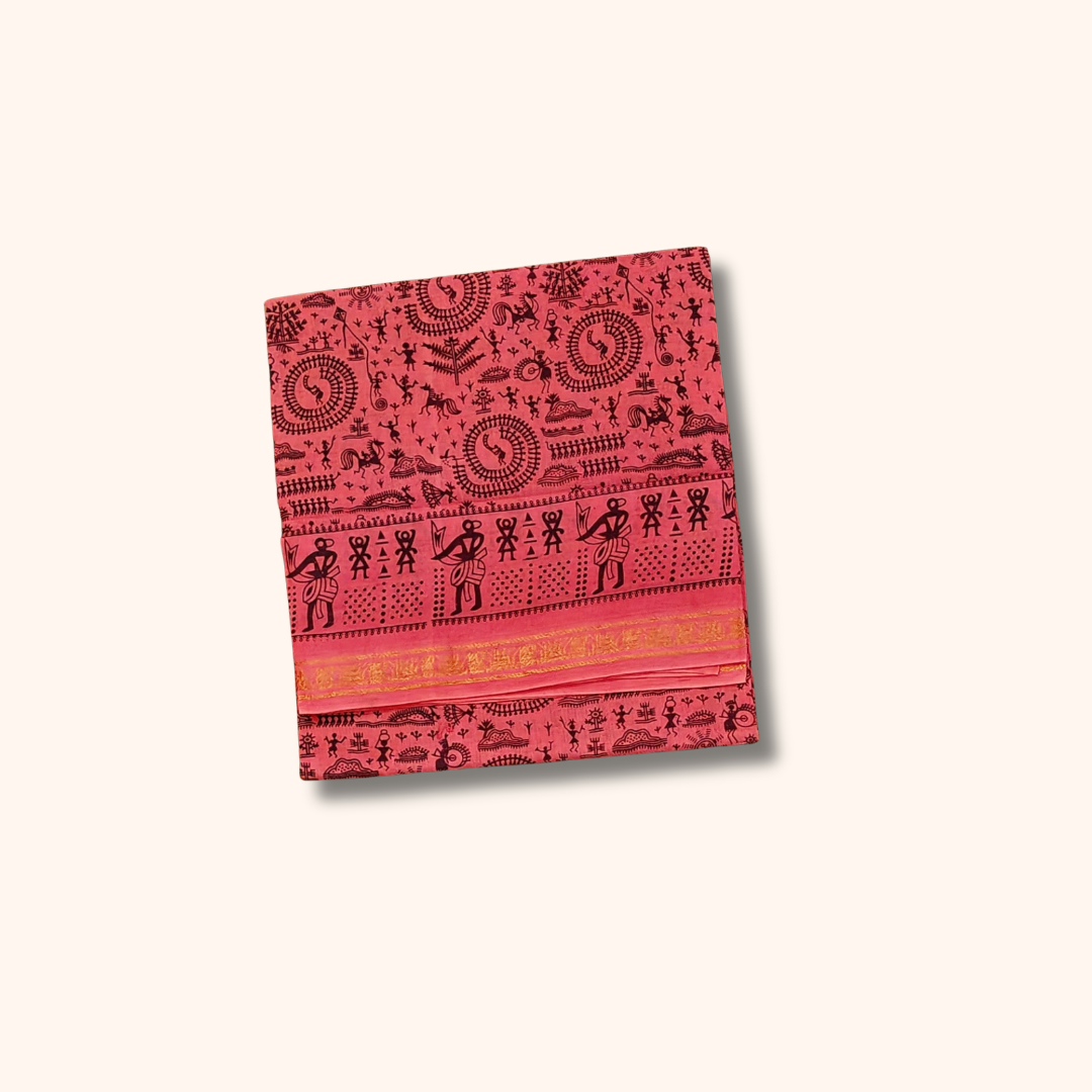 Pink Tribal Art Printed Cotton Saree with Gold Zari Border – No Blouse