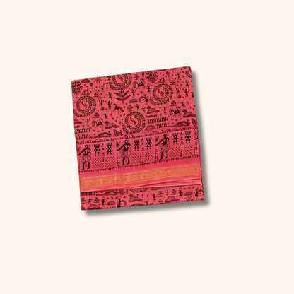 Pink Tribal Art Printed Cotton Saree with Gold Zari Border – No Blouse