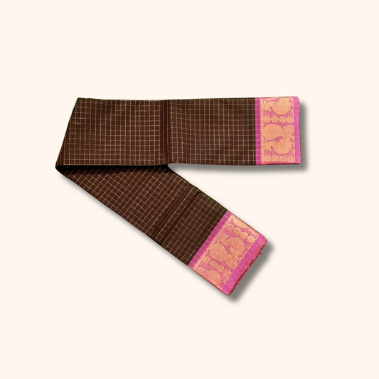 Brown Checked Cotton Saree with Pink Peacock Border – Without Blouse