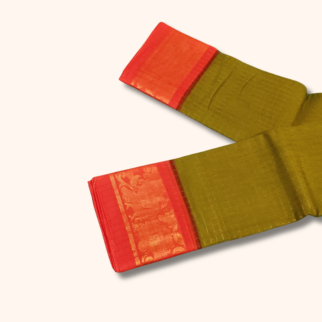 Olive Green Chettinad Cotton Saree with Red Floral Border