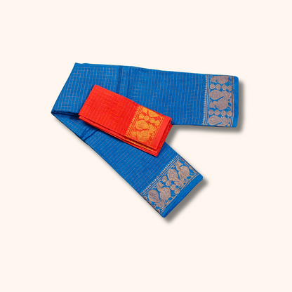 Royal Blue Pure Sungudi Cotton Saree with Golden Zari Checks & Peacock Border