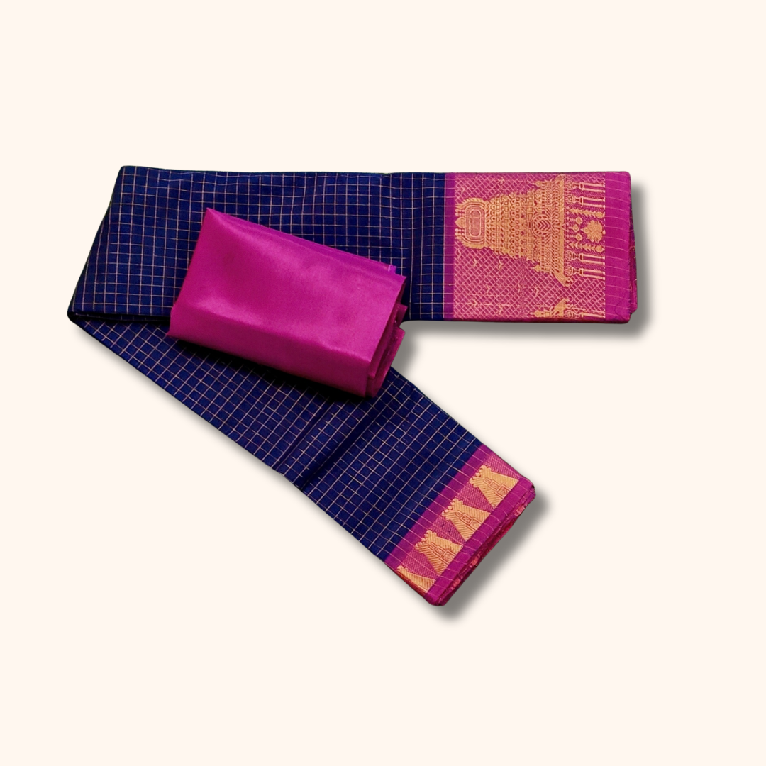 Navy Blue Chettinad Cotton Saree with Pink Temple Border & Gold Zari – Separate Blouse Piece