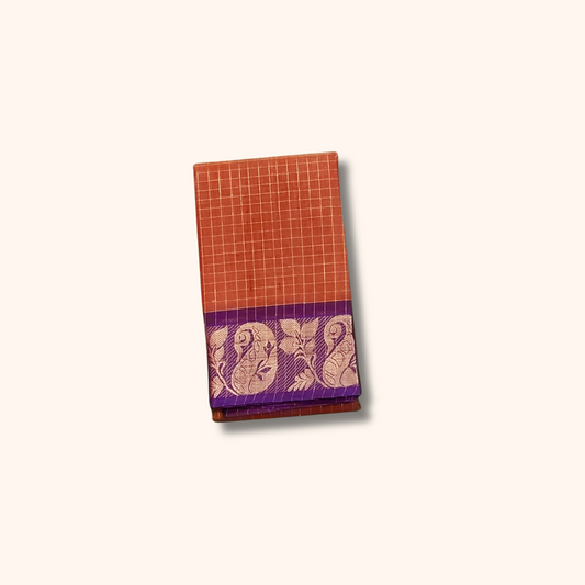 Rust Orange Chettinad Cotton Saree with Purple Paisley Zari Border Without Blouse