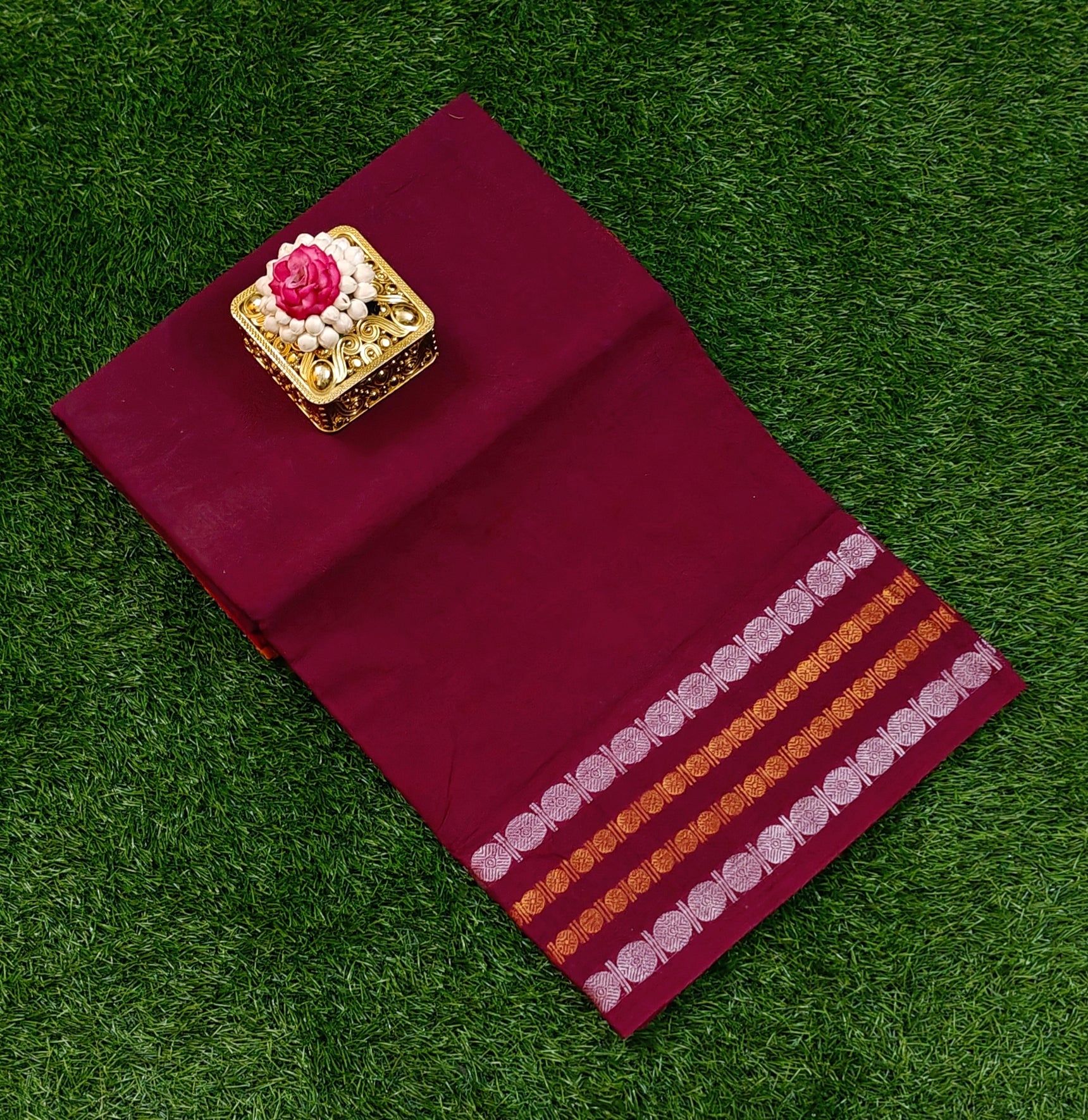 Maroon Sungudi Cotton Saree with Silver & Gold Striped Border