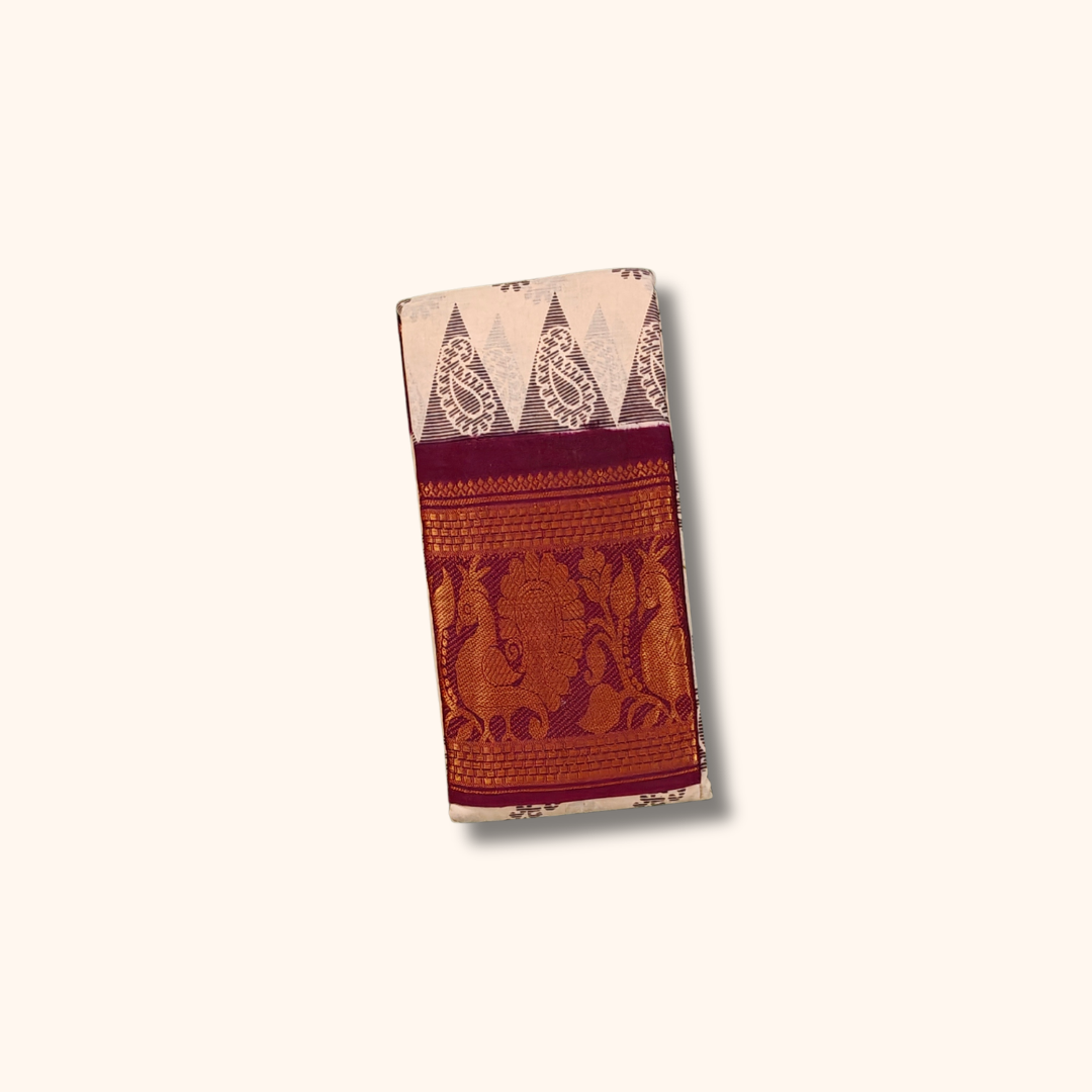 Off White Cotton Saree with Maroon Temple Border and Gold Woven Pallu