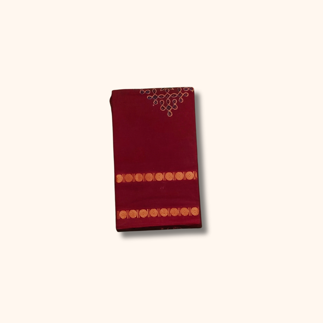 Maroon Kolam Design Cotton Saree with Gold Border and Running Blouse