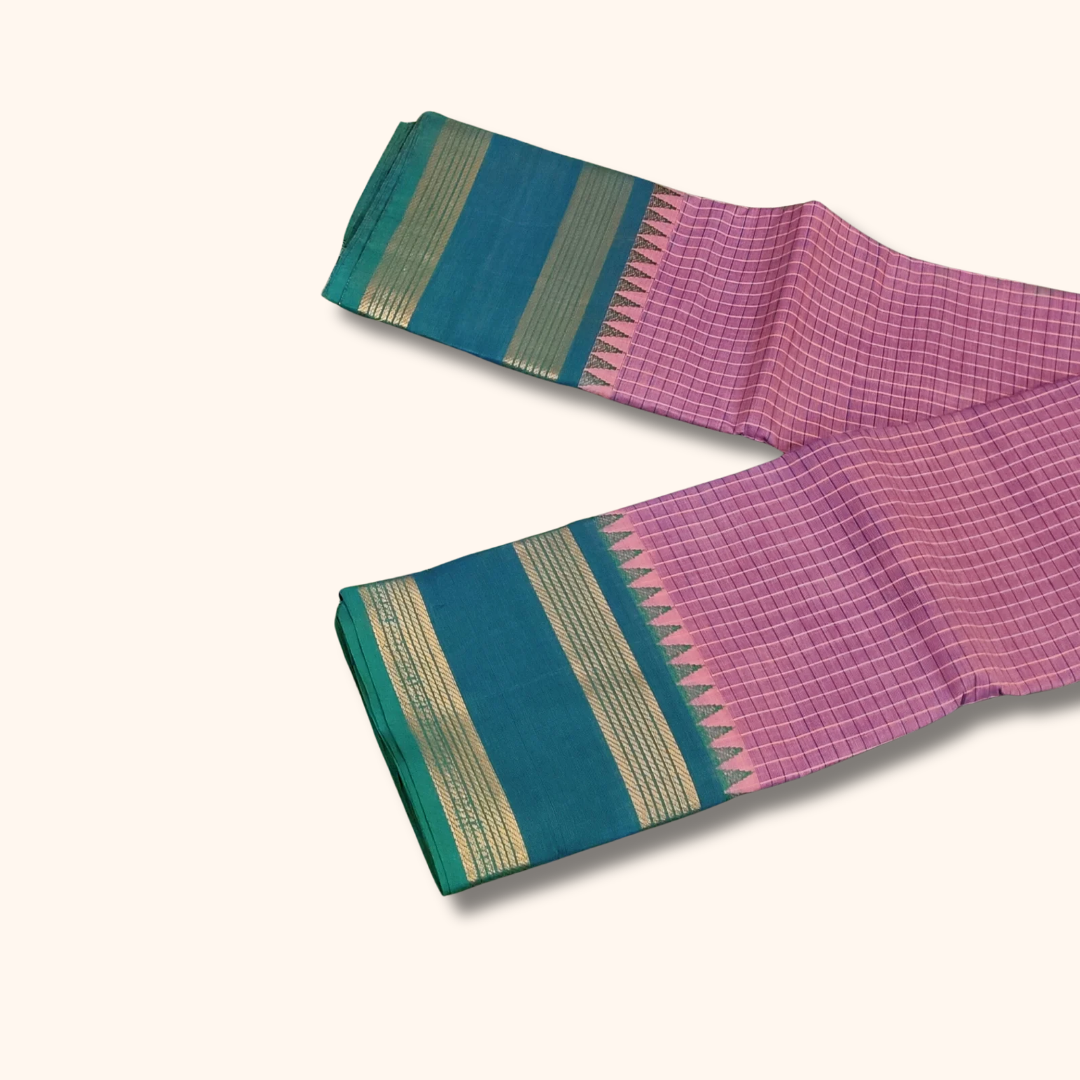 Baby Pink Chettinad Cotton Saree with Green Border