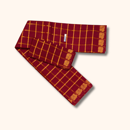 Maroon Gold Zari Pavithra Kattam Sungudi Cotton Saree