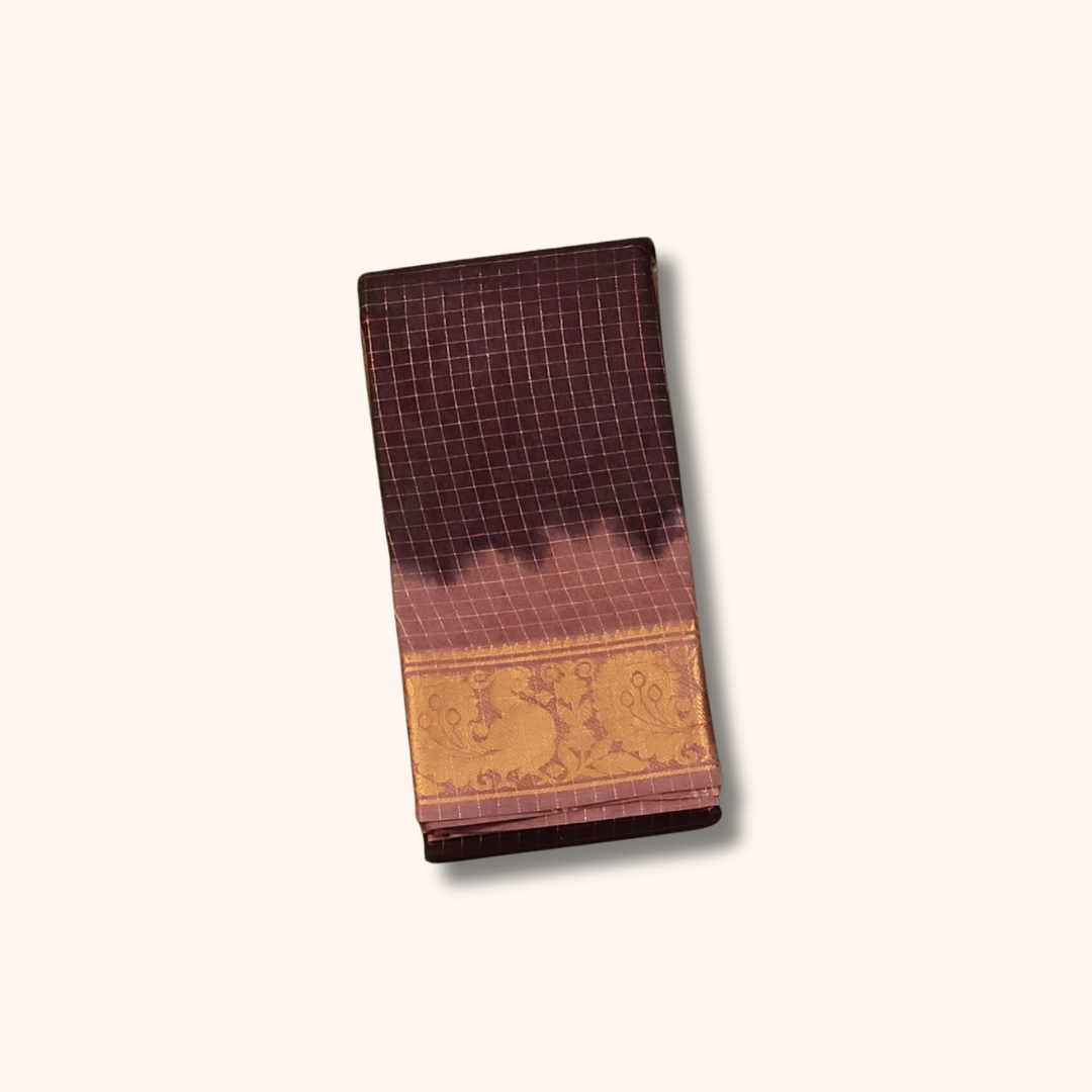 Brown Checked Sungudi Cotton Saree with Peacock Zari Border