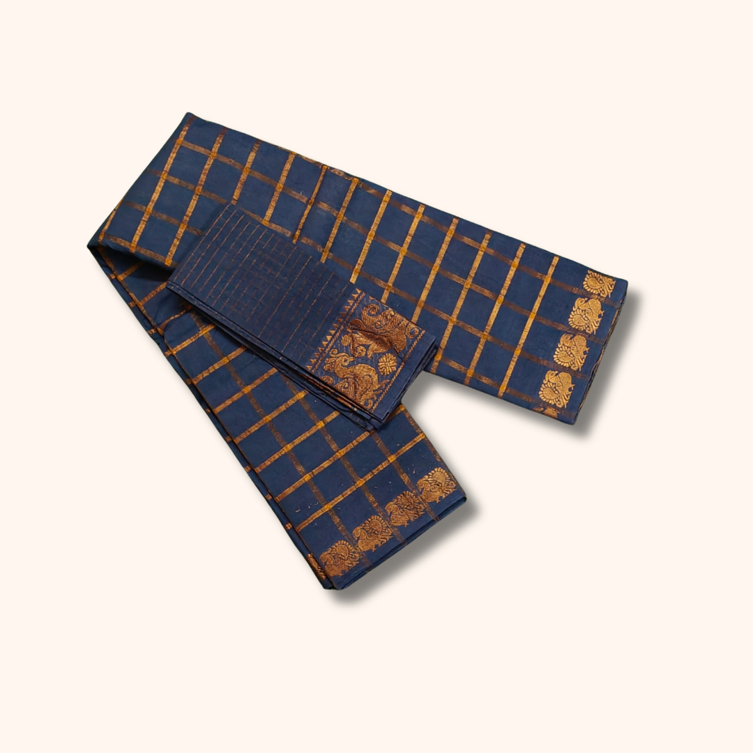 Navy Blue Checked Saree with Golden Zari Checks & Traditional Motif Border – Separate Blouse Piece