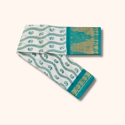 White Cotton Saree with Peacock Green Rich Temple Pallu