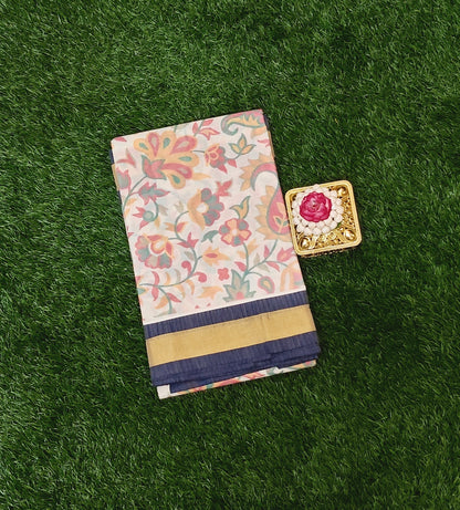 Cream Cotton Floral Printed Saree with Navy Blue & Gold Border