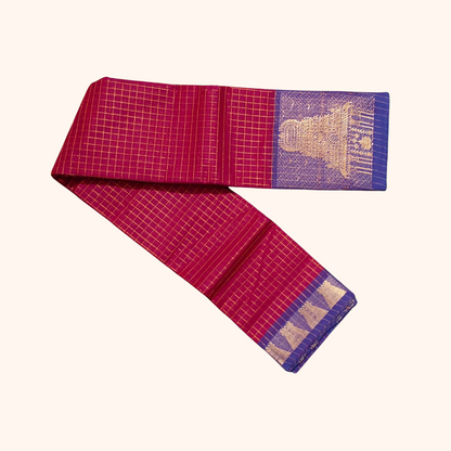 Rani Pink Chettinad Cotton Saree with Royal Blue Temple Border