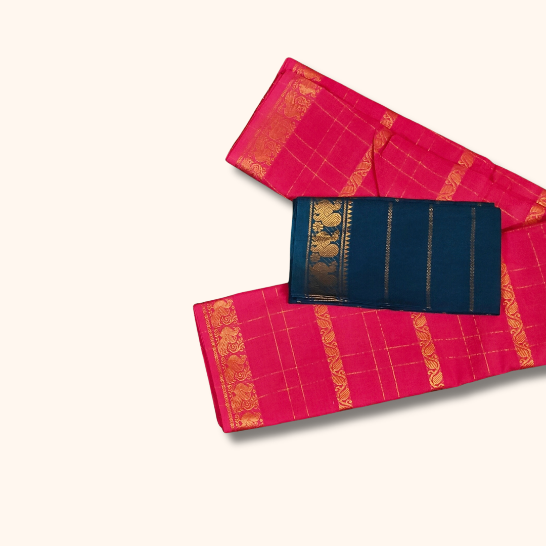 Pink Pure Sungudi Cotton Saree with Gold Zari Checks & Navy Blue Blouse Piece