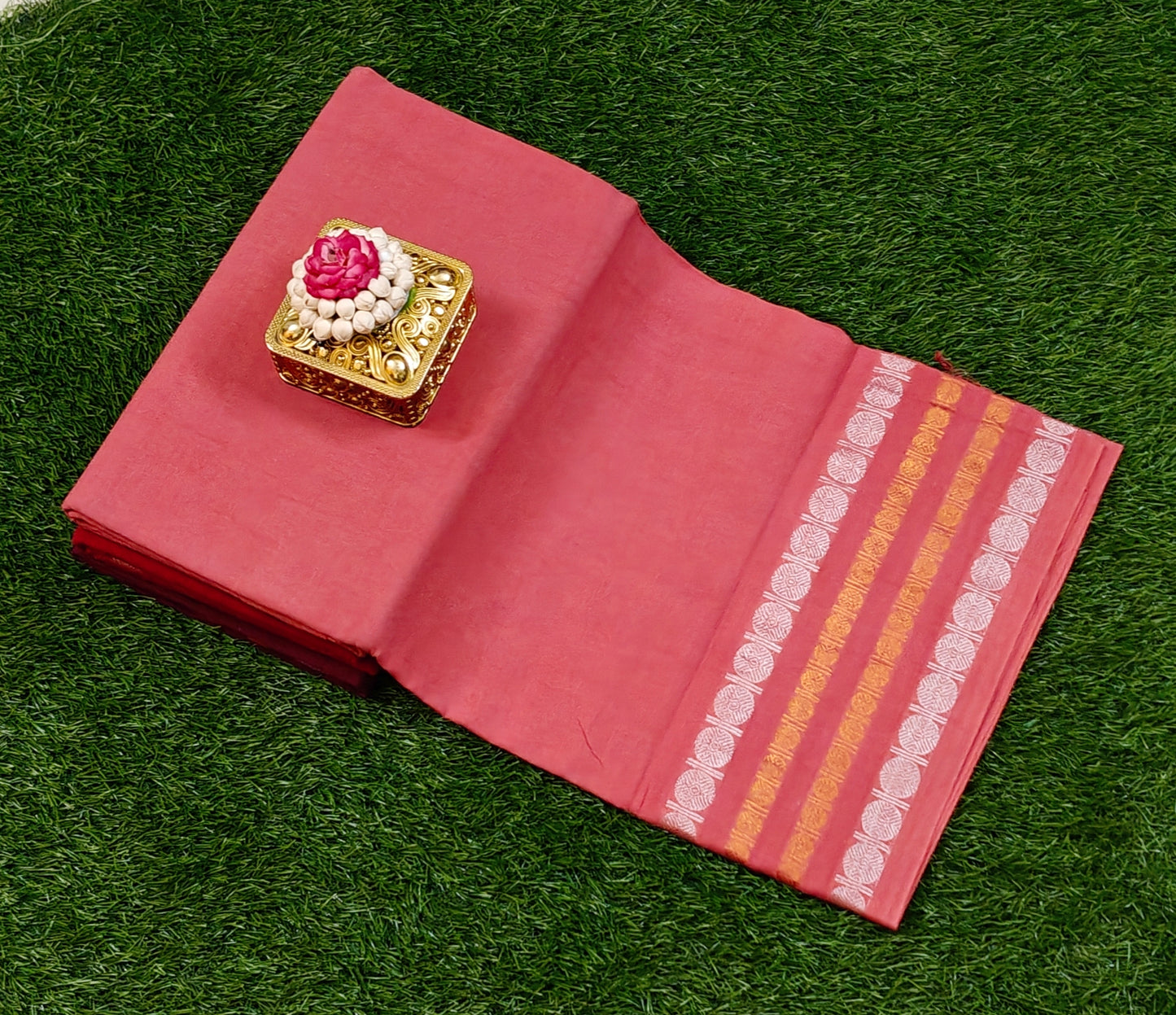 Rose Pink Sungudi Cotton Saree with Silver & Gold Striped Border