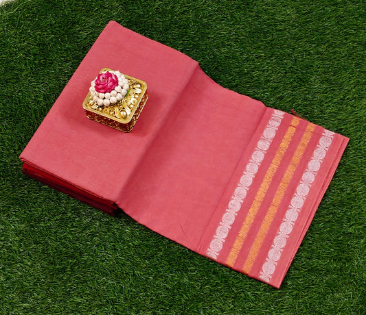 Rose Pink Sungudi Cotton Saree with Silver & Gold Striped Border