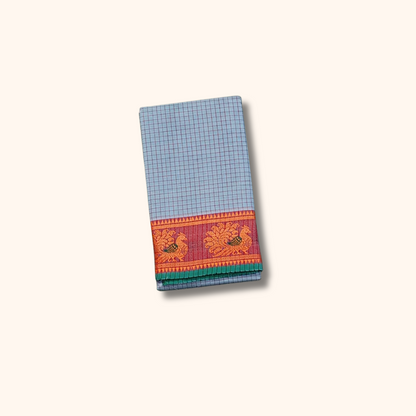 Powder Blue Pure Chettinad Cotton Saree with Peach-Gold & Green Border