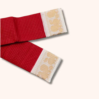 Red Sungudi Cotton Saree with Cream Gold Zari Border – Running Blouse