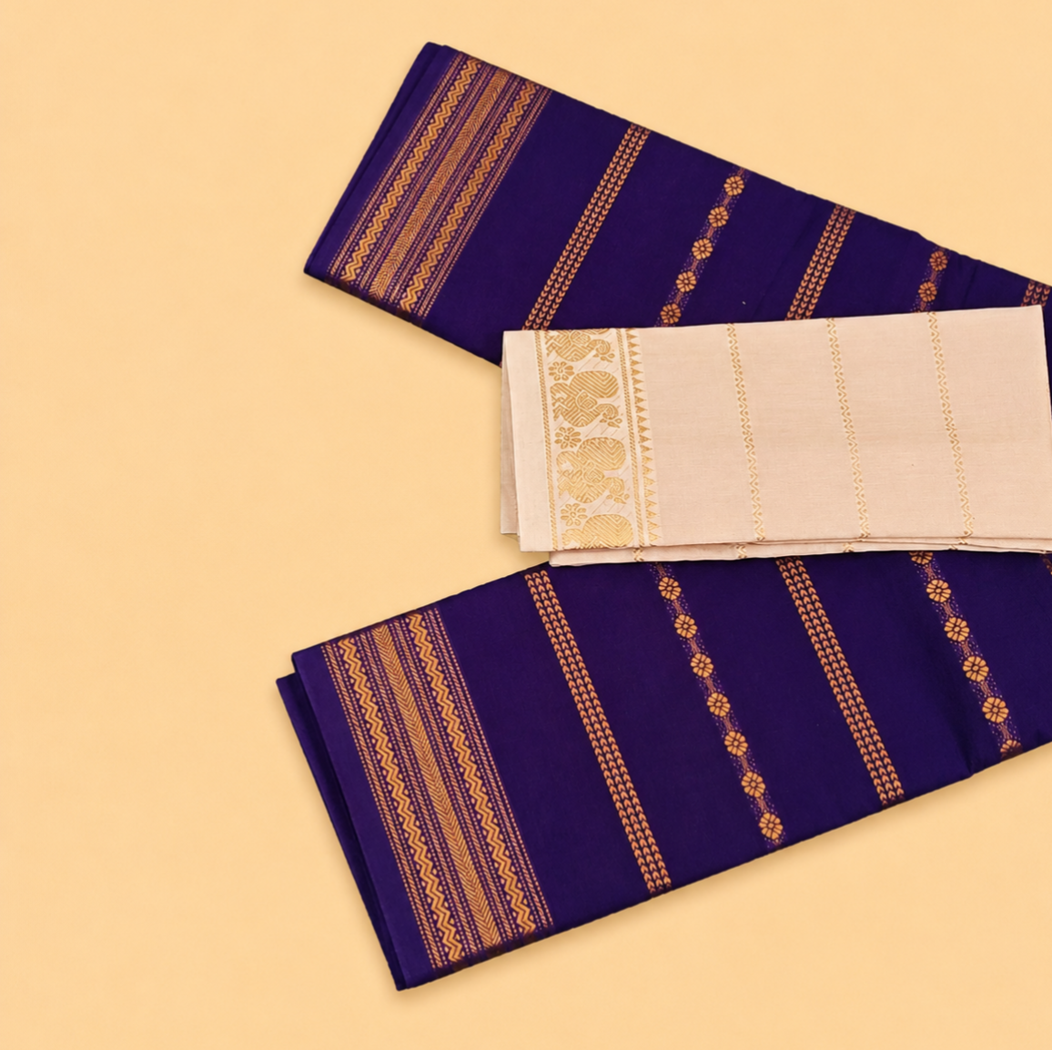Royal Purple Cotton Saree with Off-White Contrast Border & Separate Blouse