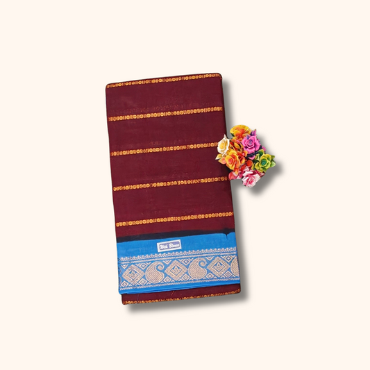 Maroon Sungudi Cotton Saree with Royal Blue Zari Border & Running Blouse