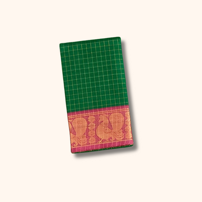 Beautiful Green Checked Chettinad Cotton Saree