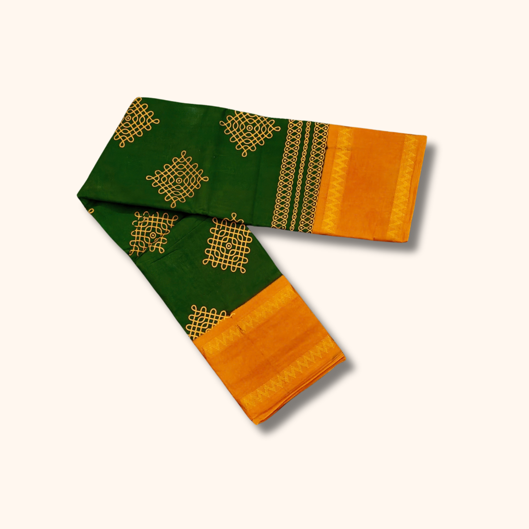 Dark Green & Mustard Yellow Kolam Cotton Saree with Running Blouse