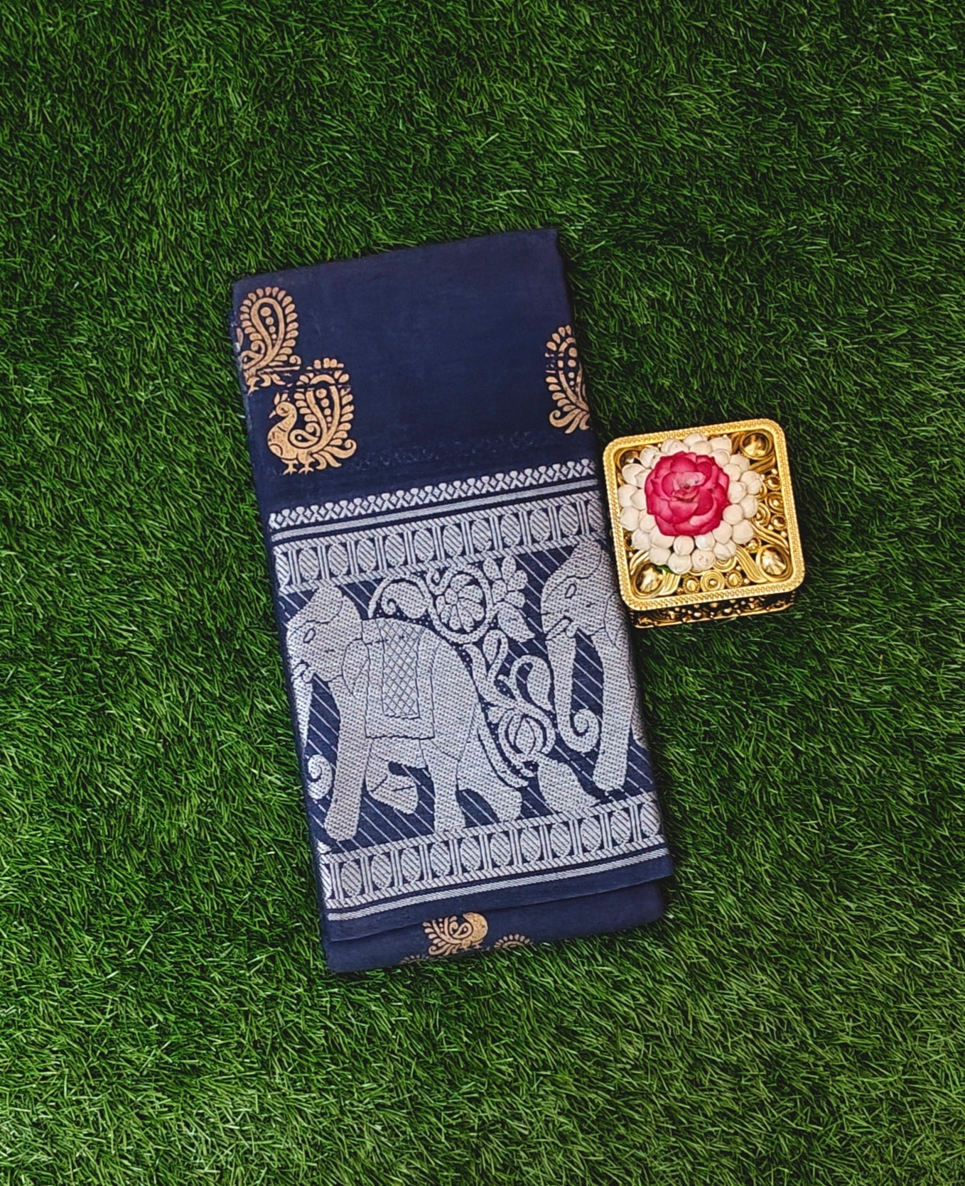 Dark Navy Blue Cotton Saree with Silver Elephant Border & Paisley Motifs
