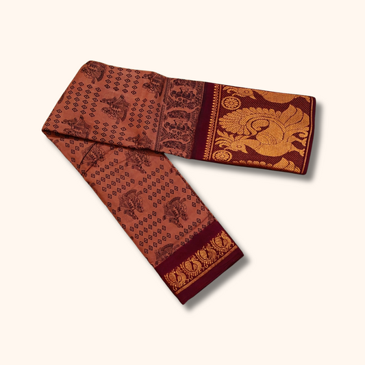 Terracotta Brown Printed Cotton Saree with Maroon Zari Border