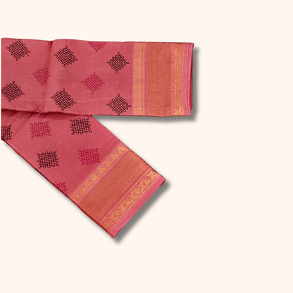 Coral Pink Sungudi Cotton Saree with Kolam Print & Gold Zari Border