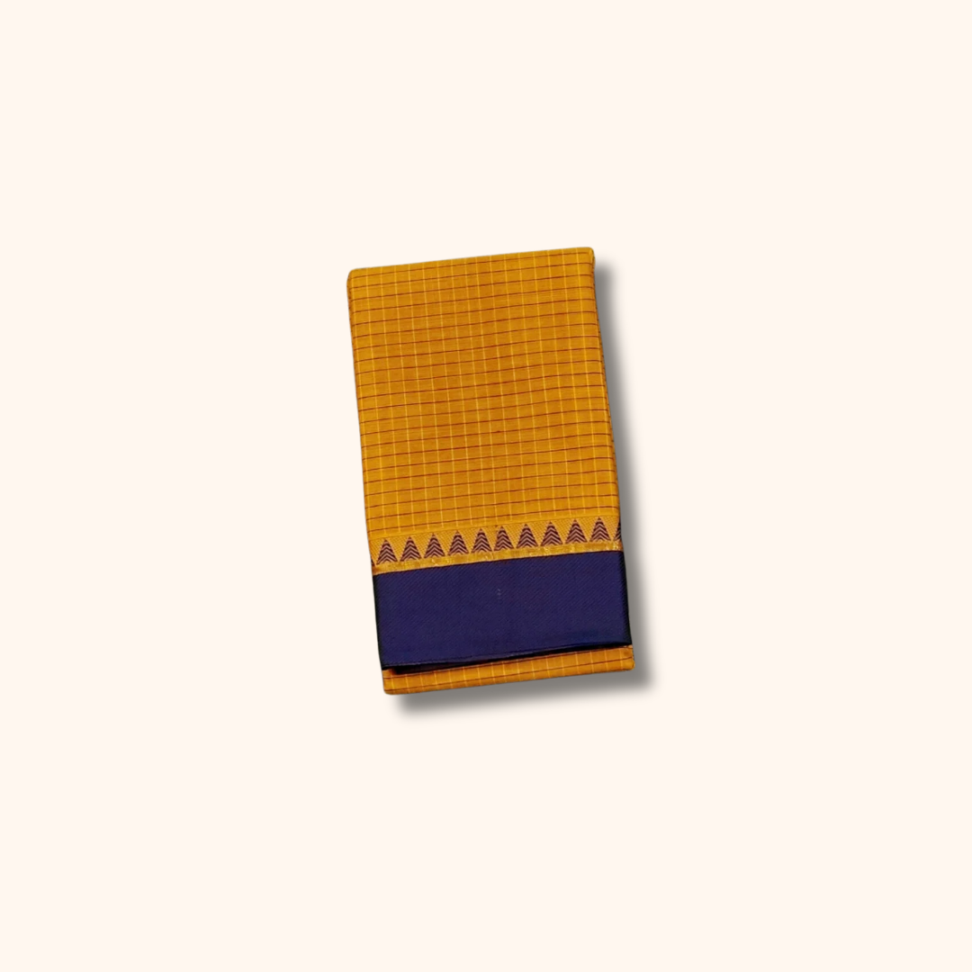 Mustard Yellow Chettinad Cotton Saree with Traditional Navy Blue Border